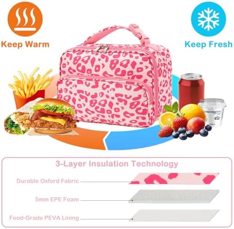FlowFly Kids Lunch box with buckle Insulated Cooler Back to School Thermal Meal Tote Kit for Girls, Boys, Pink Cow