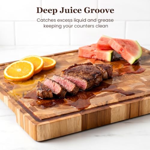 14x10 End Grain Teak Cutting Board with Juice Groove, Non-Slip