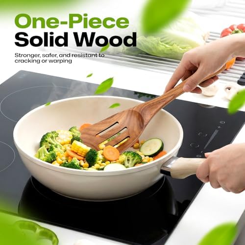 AIUHI Wooden Slotted Spatula for Cooking, Non Toxic Teak Wood Spatula Turner, Slotted Spatula for Cooking with Thick Handle, Comfortable Grip, Heat Resistant and Non Stick