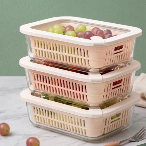 Urban Green Glass Food Storage Containers with Glass Lids, Microwave Safe Food Container Set, Aitight Meal Prep Container Set, BPA Free, 3 extra Colanders, LeakProof, 3 Pack of 35oz