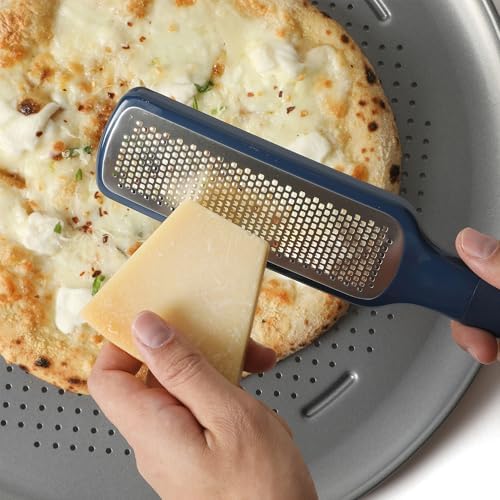 Calphalon Prime Grater and Zester, 2-Piece Stainless Steel Cheese Grater & Lemon Zester Set, Kitchen Graters with Non-Slip Rubber Handles & Protective Covers for Cheese & Vegetables, Navy Blue