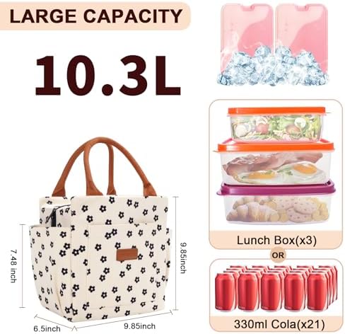 Joymee Lunch Bag Women Insulated Corduroy Reusable - Black Floral