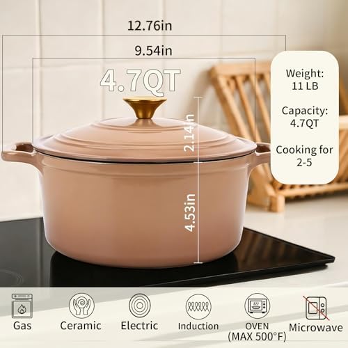 Enameled Cast Iron Dutch Oven with Lid&Silicone Grip, Round Casserole Pot for Bread Baking, Braising, Roasting,Stews,Heavy-Duty Baking Pan,Oven Safe, Induction Compatible (4.7QT,Mocha)