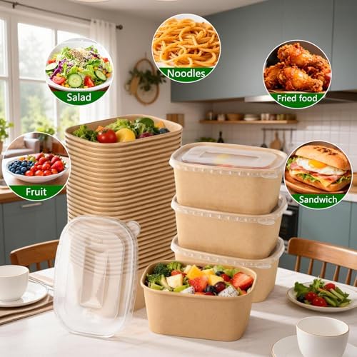 50 Sets 33 oz Disposable Kraft Paper Bowls with Lids - Rectangle