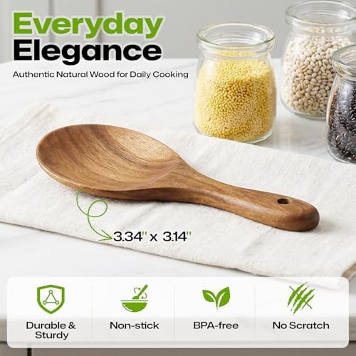 AIUHI Wooden Rice Paddle, Teak Wood Rice Spoon with Hanging Hole, Non-Stick Safe Wooden Serving Spoon for Rice, Grains & More