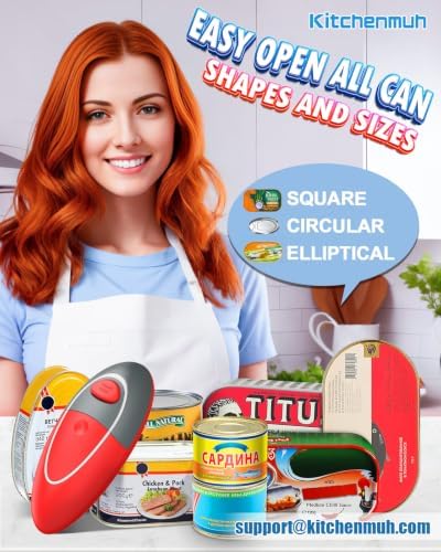 KITCHENMUH One Touch Electric Can Opener Fits All Can Sizes for Seniors with Arthritis, Battery Operated Can Opener with Smooth Edge, Food Safe Automatic Can Opener for Kitchen (Red+Grey)