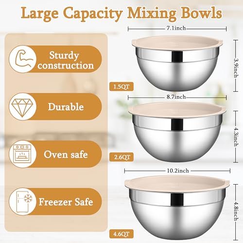 LIANYU Mixing Bowls with Lids Set, 3 Packs Stainless Steel Metal Bowls