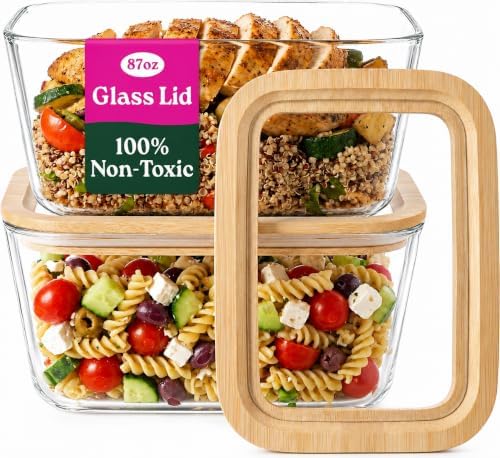 Large Glass Food Storage Containers with Glass Lids & Bamboo Rim – 87 Oz 2 Pack Plastic Free Glass Meal Prep Containers for Lunch, Eco Friendly Airtight Food Storage, Microwave & Oven Safe