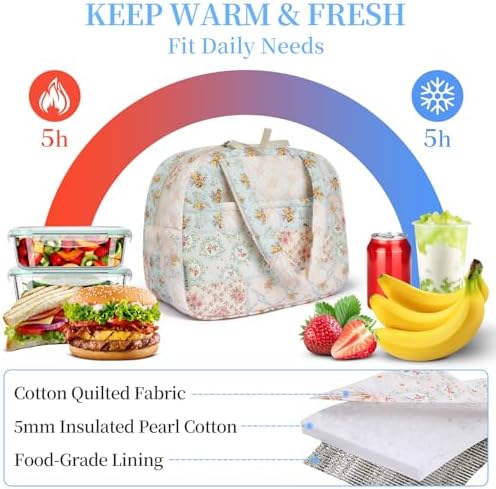 WOBAGMEN Quilted Lunch Box for Women,Coquette Aesthetic Lunch Box for Teen Girls,Cute Floral Lunch Bags for Work, School,Office,Picnic,Travel (coloful floral)