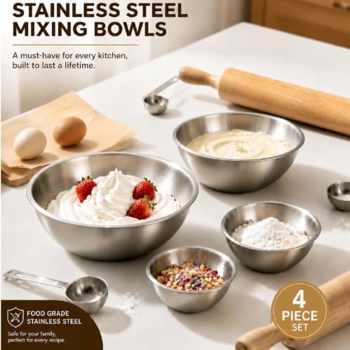 Stainless Steel Mixing Bowls Set of 4 - 9.84", 8.66" , 7.5" & 6" Metal Mixing Bowls, 3.3 Qt, 2 Qt, 1.5 Qt & 1Qt Stainless Steel Salad Bowls, 304 Stainless Steel Bowl for Kitchen, Baking, and Meal Prep
