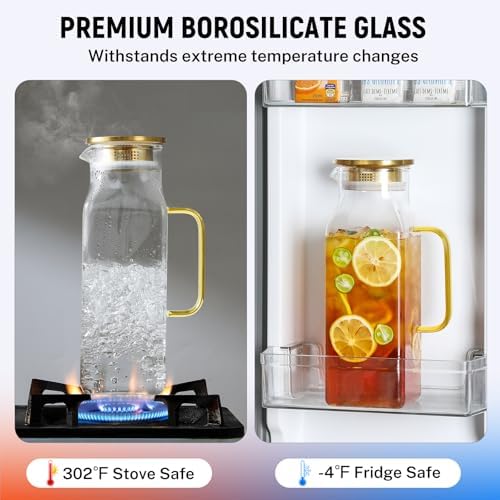 2 Quart (2 Liter 68 oz) Square Glass Pitcher with Lid and Spout, Water Pitchers with Handle for Fridge, Borosilicate Glass Carafe for Hot/Cold Drink, Large Jug for Iced Tea, Coffee, Beverage, Cold
