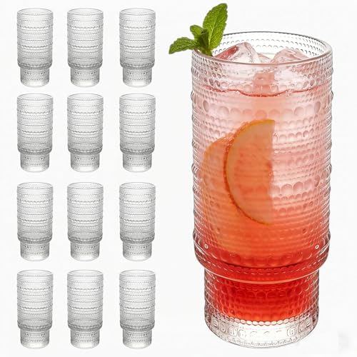 Large Capacity 16 oz Hobnail Drinking Glasses Set of 12, Vintage Glassware Drinking Glasses, Clear Water Glasses Tumbler, Cups for Kitchen, Juice, Beer, Cocktail, Whiskey