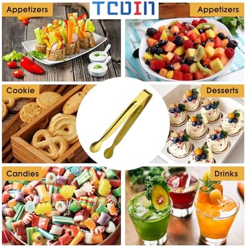 Mini Serving Tongs Set, 12 Gold Stainless Steel Tongs, 6.3 in for Sugar Cubes, Ice, Candy, Charcuterie, Coffee Bar