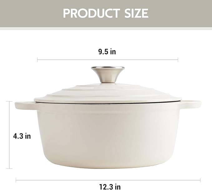 4 Quart Dutch Oven Enameled Cast Iron with Lid - Big Dual Handles - Oven Safe up to 500°F - Classic Round Pot for Versatile Cooking Cream