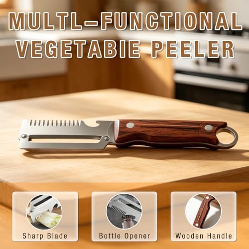 2Pcs 3-1 Multi-functional Vegetable Peeler,New Ktchen Multi-function Stainless Steel Thickened Fruit Peeler Knife with Wooden Handle and Bottle Opener for Vegetables or Fruits that Need to Be Peeled