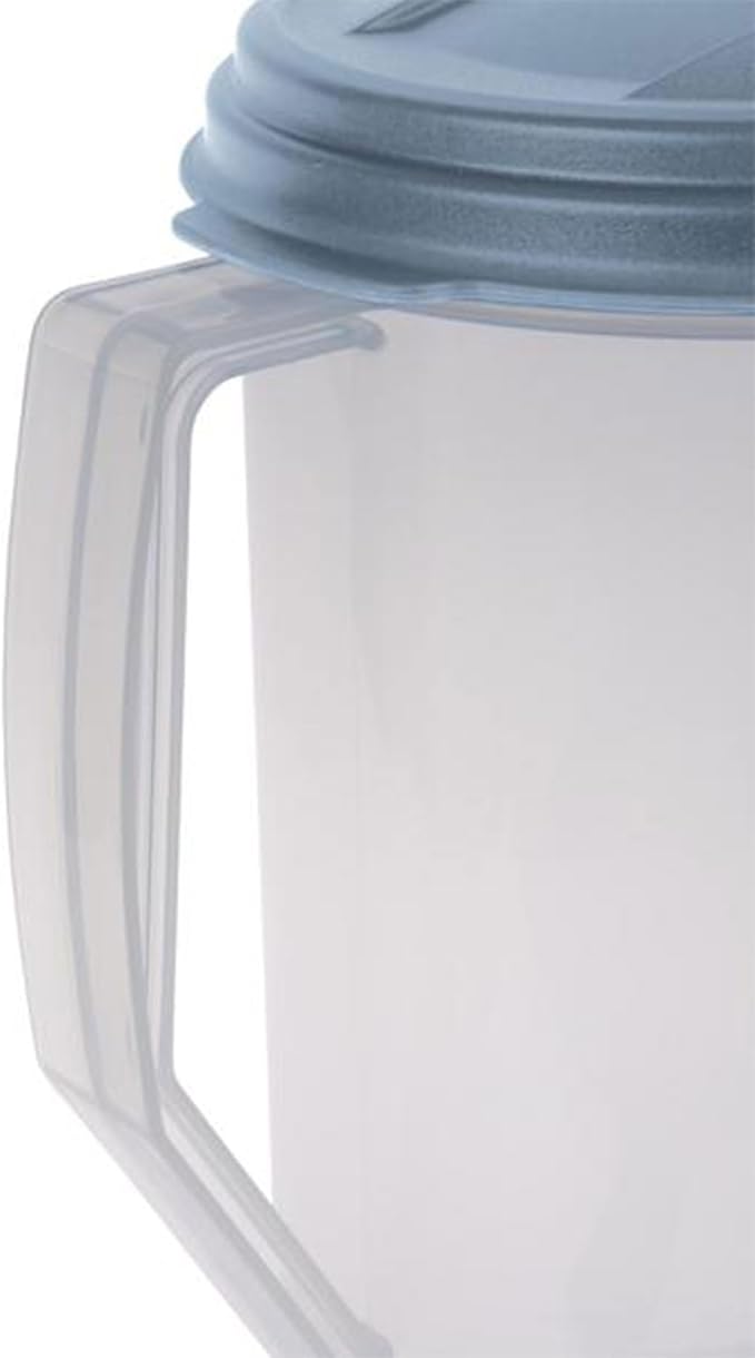 Sterilite 2 Quart Clear Round Plastic Pitcher, Dishwasher Proof with Blue Lid, Spout, and Handle for Easy Pouring, Washed Blue, 18-Pack