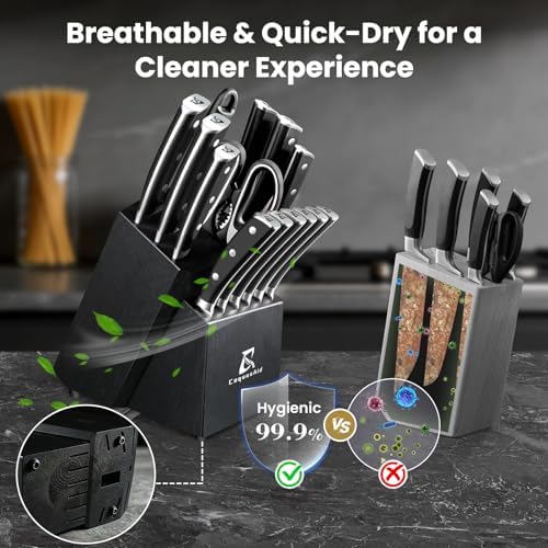 CoquusAid 15-Piece Kitchen Knife Set with Rubber Wood Block, New Upgrade