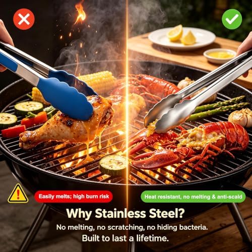Stainless Steel Cooking Tong Set - 12" & 9" Locking Kitchen Tongs