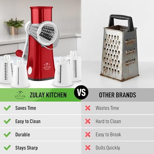 Rotary Cheese Grater Manual Hand Crank 5 Blade Shredder, White & Red