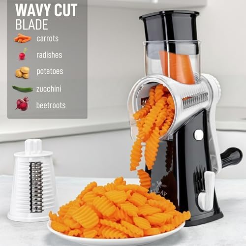 Rotary Cheese Grater Manual Hand Crank 5 Blade Shredder, White & Black