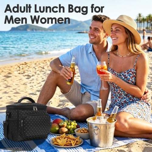 FlowFly Insulated Reusable Lunch Bag Adult Large Lunch Box for Women and Men with Adjustable Shoulder Strap,Front Zipper Pocket and Dual Large Mesh Side Pockets,Dot