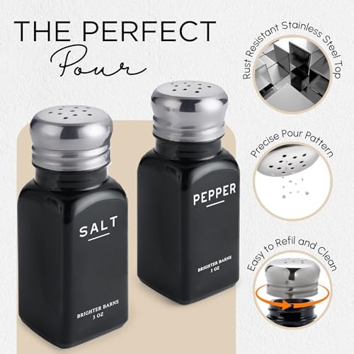 Black Salt and Pepper Shakers Set by Brighter Barns - Modern Glass Salt Shaker with Stainless Steel Lids - Neutral Kitchen Decor and Accessories for Minimalist Home, Restaurant, Dining Room (Black)
