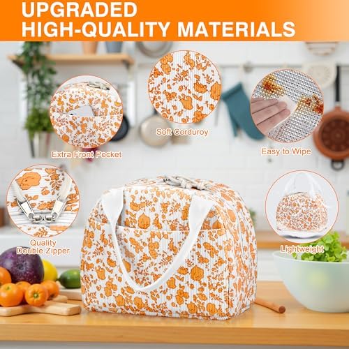 TESAFNG Lunch Bag - Insulated Lunch Box for Women, Reusable Large Capacity Cooler Bag for Adult, Small Leakproof Cute Corduroy Lunch Tote for Work Office Travel Picnic (Corduroy Orange-Flower)