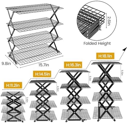 4-Tier Upgraded Collapsible Cooling Rack with Adjustable Setting Design,Cooking Drying Wire Cooling Rack for Baking, Cookies, Cake, Roasting, Grilling