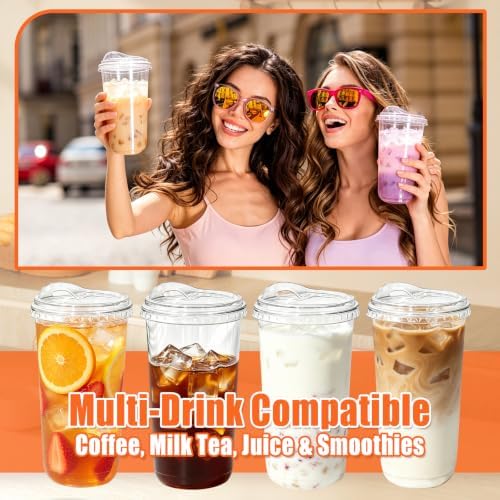 50 Pack 20 oz Clear Plastic Iced Coffee Cups with Strawless Sip Lids