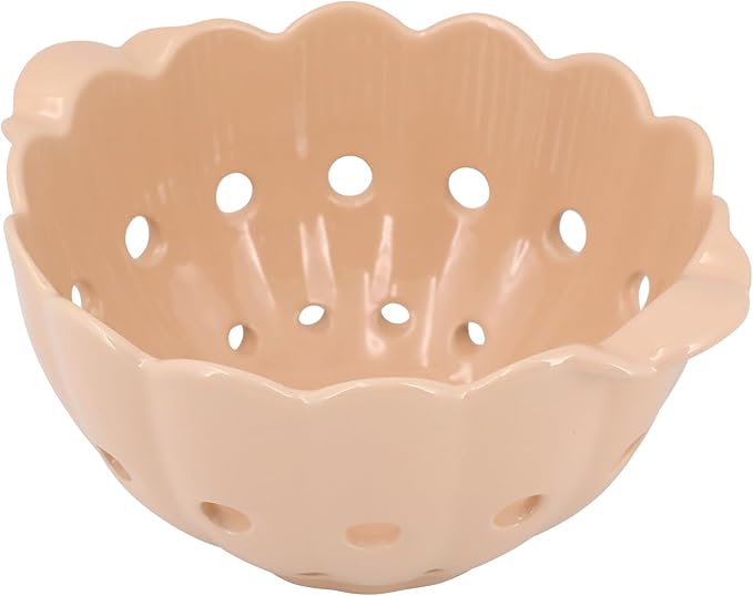 Small Ceramic Fruit Bowl,Scallop Stoneware Colander with Handles,Round Colorful Berry Basket,Fruit Container for Strawberry &Food Strainer,Soft Pink