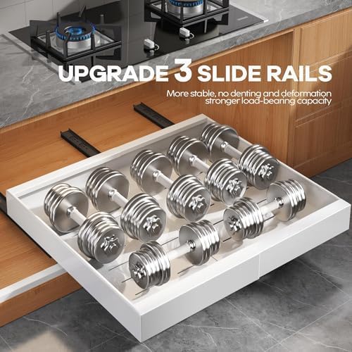 Seinloes 4 Pack Expandable Pull Out Cabinet Organizer 21"Deep With Raising Pad for Framed Cabinets,Upgrade 3 Slide Rails Slide Out Drawers,Roll Out Shelves Adhesive,Adjustable Width 15.15"-26.3" White