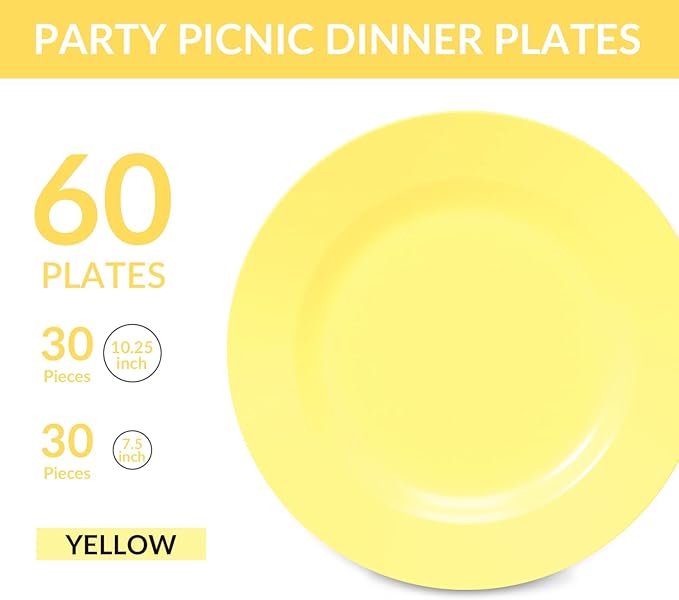 POSATE 60PCS Yellow Disposable Plastic Plates, Heavy Duty Plates for Wedding/Party, 30PCS Dinner Plates 10.25’’ and 30PCS Dessert/Salad Plates 7.5’’, Yellow Plates for Party Event