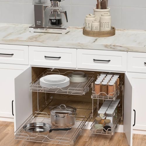 OCG 2 Tier Pull Out Cabinet Organizer (21.5" W x 21" D), Pull Out Drawers for Kitchen Cabinets, Pull Out Shelves for Base Cabinet Organization in Kitchen Bathroom Pantry, Chrome Finish