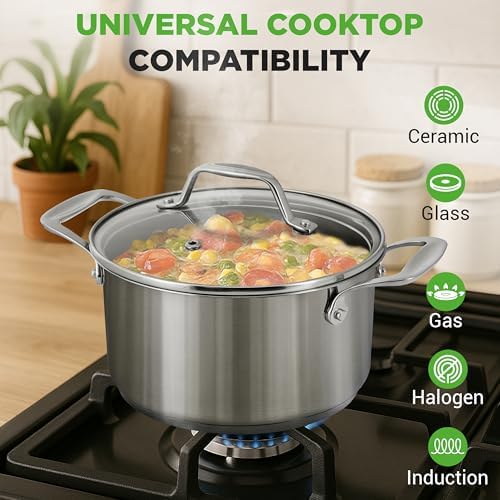 NutriChef 6 Quart Stainless Steel Stock Pot with Lid | Induction Cookware for Home & Commercial Use | Heavy Duty Cooking Pot for Boiling or Simmering Soup, Pasta, Seafood, and Sauces