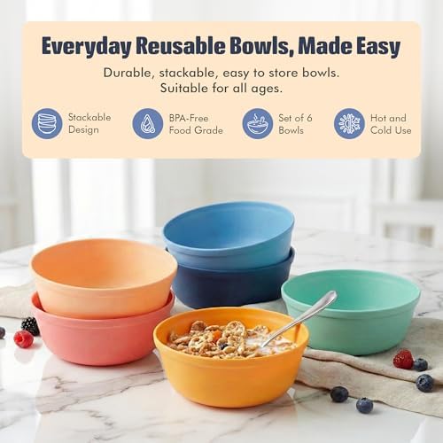 MASTERCOOK Plastic Bowls Set of 6 – 15oz Multipurpose Deep Plates Salad and Pasta Bowls Ideal for Home, Kids, Parties – Stackable Bowl for Kitchen – Non-BPA and Food Grade – Cute Colors