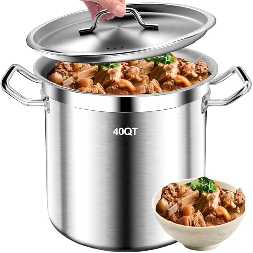 Stockpots 40QT Large Stock Pot - Stainless Steel Stockpot with Lid, Heavy Duty Tri-Ply Bottom Commercial Grade Soup Pot for Cooking Soup Stew Big Pot for Boiling Canning Pot, Deep Cookware