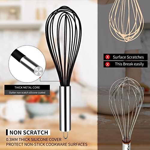TEEVEA Silicone Whisk Set, Stainless Steel Handle, Heat Resistant Nonstick
