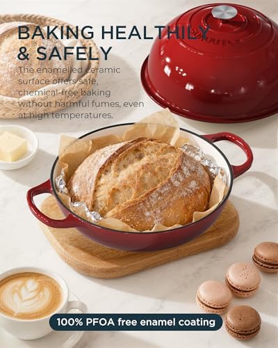 Enameled Cast Iron Bread Oven, 6QT Cast Iron Dutch Oven for Homemade Sourdough Bread Baking, Round Bread Pot with Dome Lid & Cotton Potholders, Cherry Red
