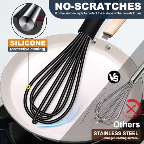 Eddeas Silicone Mini Whisk, Small whisks Non-Stick Tiny Whisks set of 2（5.5in & 7.5in）-Heat Resistant (450°F) Whisks, Balloon Egg Beater Perfect for Whisking, Beating, Mixing, Blending, Black