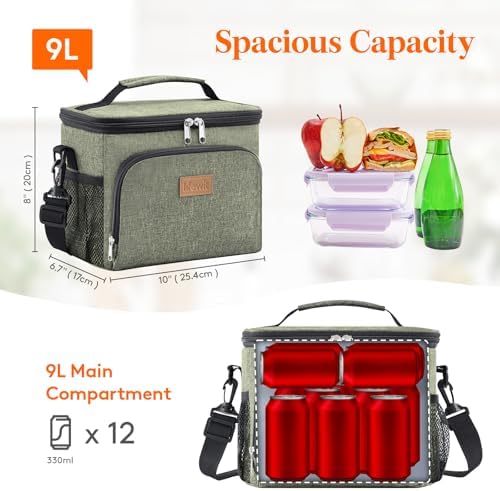 Lifewit Reusable Insulated Lunch Bag, Portable Cooler Freezable Soft Lunchbox Leakproof with Adjustable Shoulder Strap for Men Women Adult for Work Picnic or Travel, 9L 12 Can, Dark Green