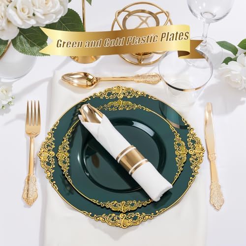Nervure 350Pcs Green Plastic Plates, Plastic Dinnerware Set for 50 Guests