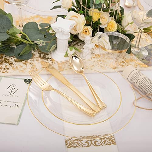 Nervure 100PCS Clear and Gold Plastic Plates - 10.25inch Gold Dinner Plate