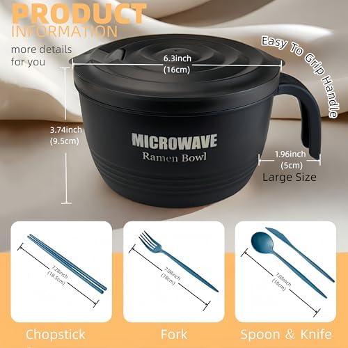 Layron Large Ramen Bowl, Ramen Noodle Bowls Microwavable 45 oz, Ramen Cooker, Microwave Pasta Cooker, Ramen Bowl Microwave Gift for College Male Female Dorm Room (black)