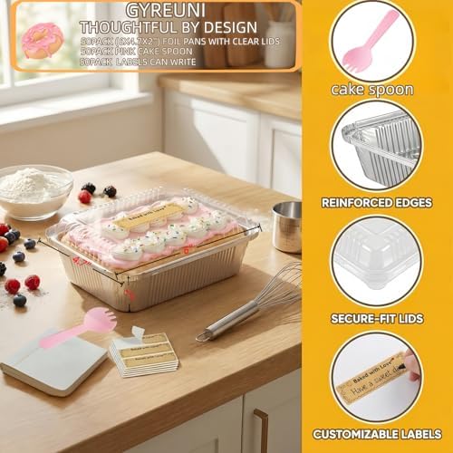 50 Pack Aluminum Loaf Pans with Lids Stickers and Spoon,6" X 4.7" X 2" Small Tin Foil loaf Pans Disposablb Foil Baking Tins Trays for Food Containers/Cakes/Bread