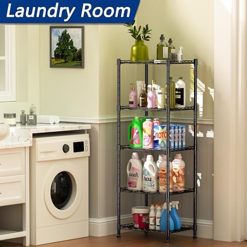REGILLER 5-Wire Shelving Metal Storage Rack Adjustable Shelves,Standing Storage Shelf Units for Laundry Bathroom Kitchen Pantry Closet(Black,11.8" D x 16.6" W x 53.5" H)