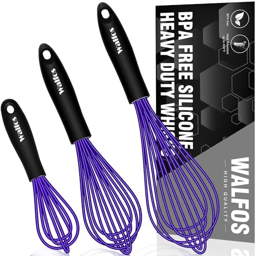 Walfos Whisk,7+9+11in Silicone Whisks for Cooking Non Scatch,Kitchen Whisk,BPA Free and Heat Resistant 480°F,Whisks Perfect for Frothing,Blending,Beating.Dishwasher Safe 3pcs Dark Purple