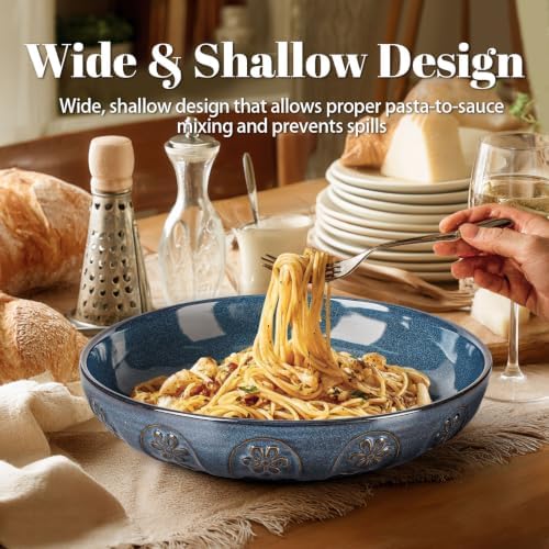 Artena Pasta Bowls, 50oz Large Salad Serving Bowls, 9.75'' Plates Bowls Set of 4, Big Ceramic Soup Bowls for Kitchen, Embossment Shallow Dinner Bowl, Microwave Dishwasher Safe, Pinwheel Flower, Blue