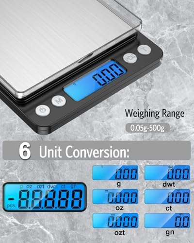 AMIR Digital Kitchen Scale, 500g/0.01g Mini Pocket Jewelry Scale, Cooking Food Scale with Backlit LCD Display, 2 Trays, 6 Units, Auto Off, Tare, PCS Function, Stainless Steel, Battery Included, Black