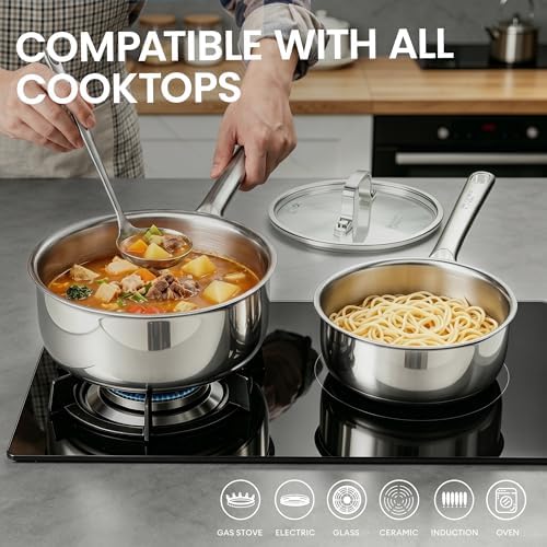 Cooker King 1.5QT Stainless Steel Saucepan with Tempered Glass Lid, Metal Utensils Safe, No Coating (PFAS/PFOA/PTFE Free), Dishwasher-Friendly, Oven-Safe Up to 900°F, Induction Ready