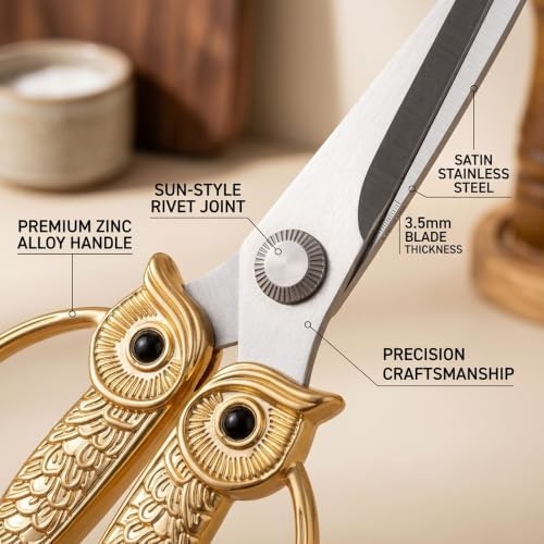 XSNBRD All Purpose Kitchen Scissors, Pearl Gold Stainless Owl Shears.